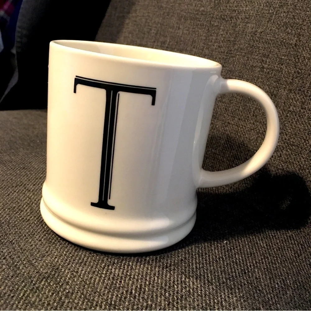 “T” Initial Coffee Mug, White, Black, 15 oz